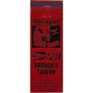 Vintage Matchbook Cover Braugh’s Tavern Monticello IN Indiana Red
